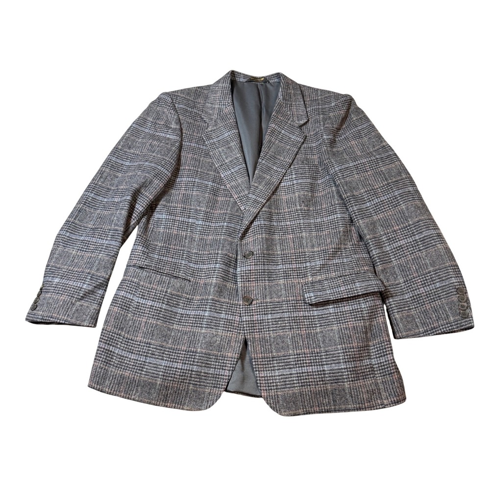 VTG Farah Clothing Blazer Size 44L‎ 100% Wool Gray Black Plaid Houndstooth